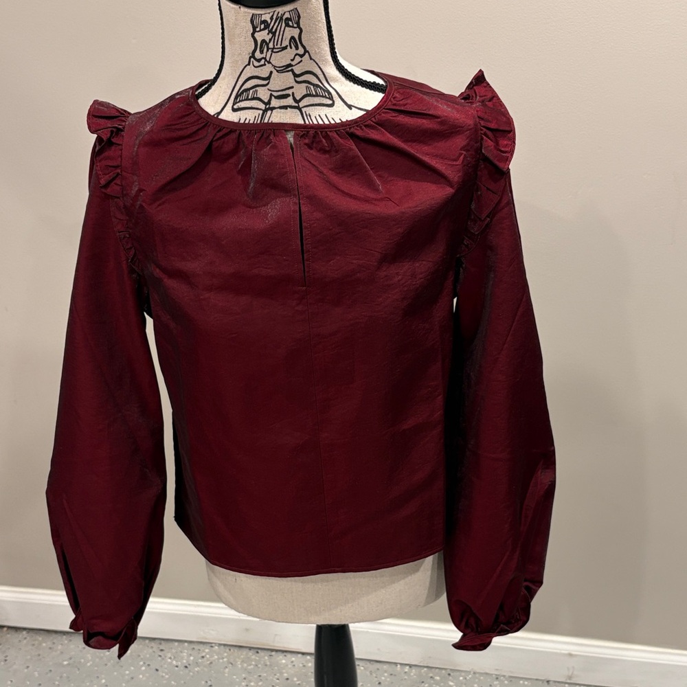 Walter Baker Red Taffeta Blouse with Ruffled Sleeves NWT